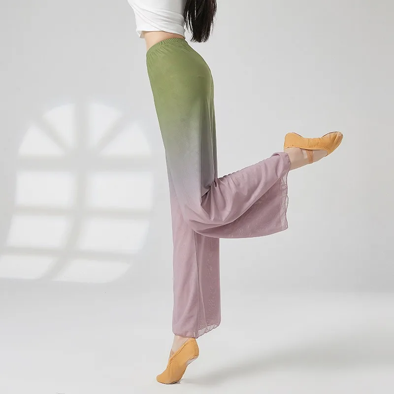 Pantalones de baile de tela de red que cambian de color para mujer, diseñados clásicamente para entrenamiento y rendimiento, estilo fluido de pierna ancha