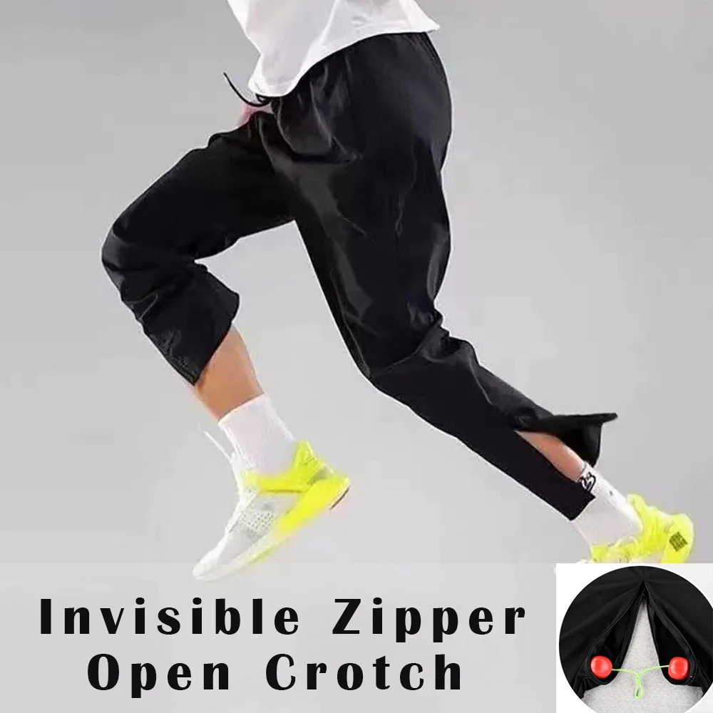 

Summer Spring Invisible Zipper Open Crotch Ice Silk Pants Casual Black Plus Size Straight Trousers