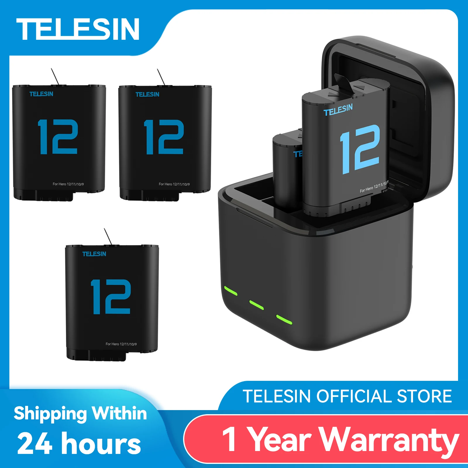 TELESIN 1750 mAh Battery For GoPro Hero 12 11 10 9 Battery 3 Slots LED Light Charger TF Card Battery Storage Box