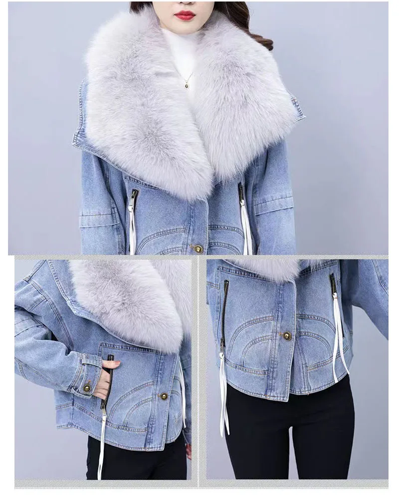 2023 Winter Women New Luxury Natural True Fox Fur Big Collar Goose Down Denim Down Jackets Short Warm Casual Jacket Coat