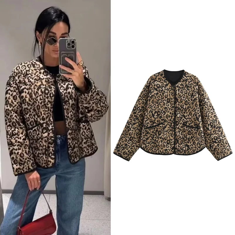 HXAO Leopard Padded Jacket Women\'s Jackets Crop Long Sleeve Coats O-Neck Loose Quilted Jacket Lightweight Warm Winter Woman Coat