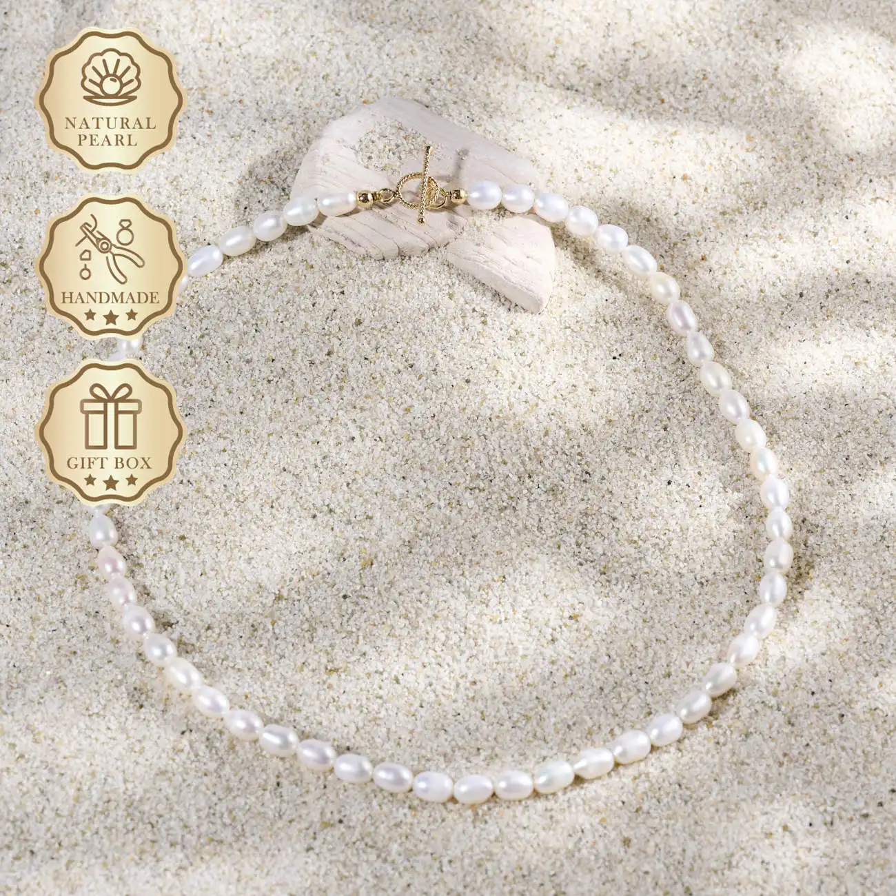 

MYSOYA White Rice Freshwater Pearl Necklace 5–6mm with Twisted OT Clasp, Gift Box, Ideal Birthday & Anniversary Gift