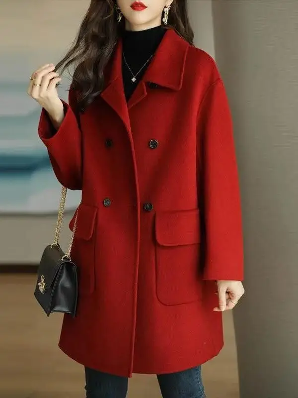 Stylish Mid-Length Woolen Coat Autumn Winter plus Size Fashionable Label Removed High Waist Korean Style Long Sleeve Jacket - view 3