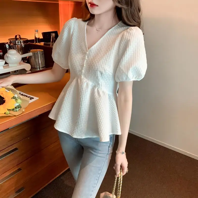 

Clothing Ruffle Women's Shirts and Blouses Frill Top for Woman Chiffon with Puffy Sleeves V Neck White Tall Elegant Social M Y2k