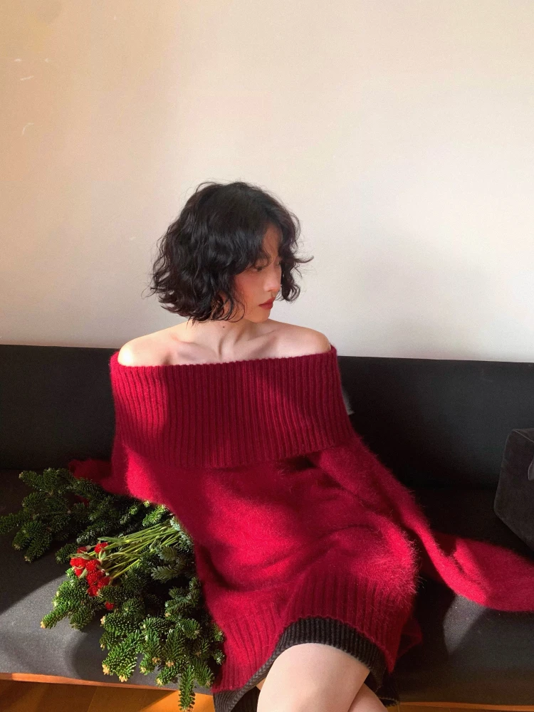 

Retro Wine Noon Harbor Sle 2024 Autumn Winter New One oulder Raccoon Fur Wool Blend Knitted Sweater Women's Top