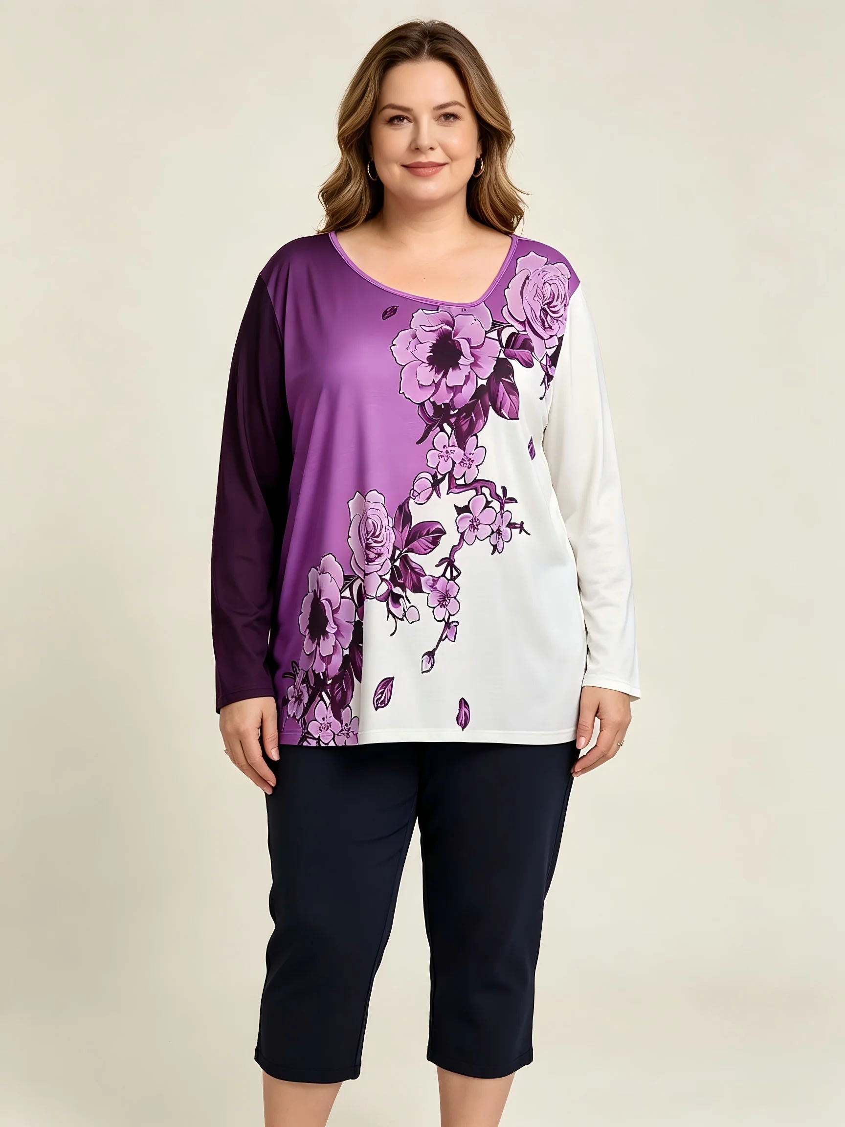 Plus Size Women Color Block Blue Rose Floral 3/4 Sleeve Tops Irregular Neck Loose Casual Vintage Bohemian Daily Ladies Blouses view 2