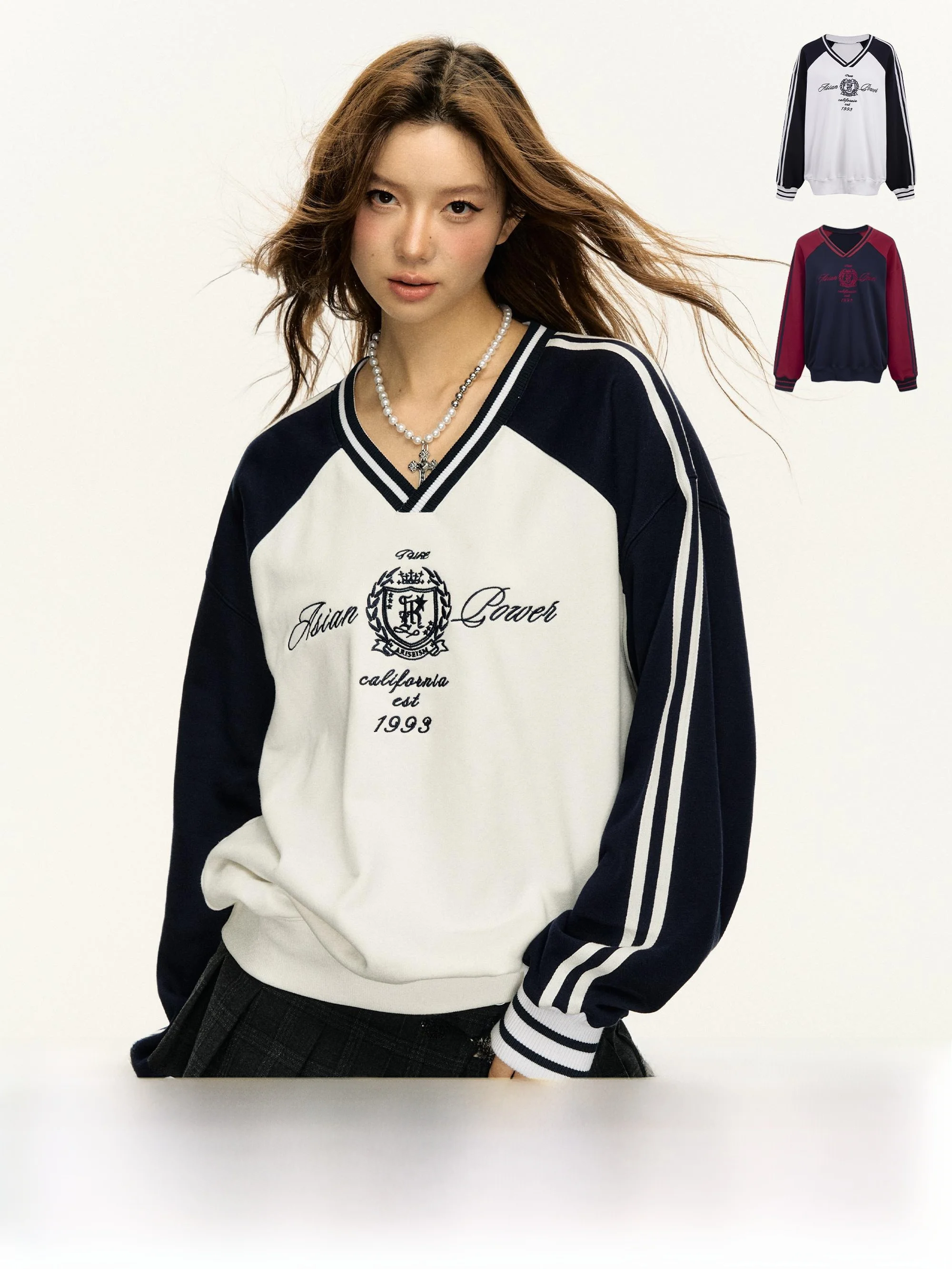 

Футболка Ariseism American Retro Color Blo V-ne Long Sve, женская свободная посадка, осенняя новинка, уличная одежда из хлопка и полиэстера B...