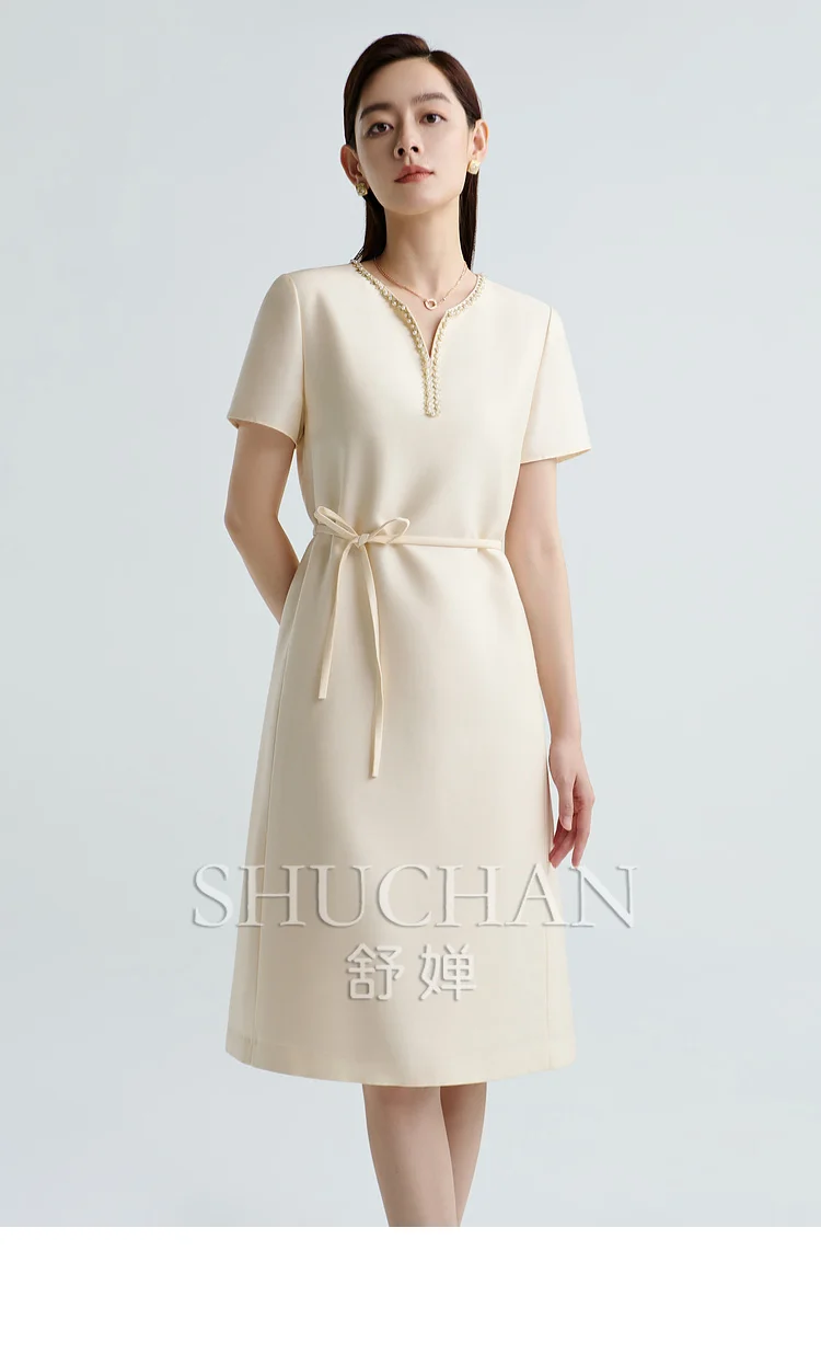 Grado de lujo 32 Mmi lana de seda industria pesada cuentas vestido de manga corta mujeres Vestidos femeninos Frete gratis