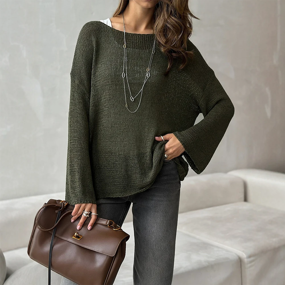 

Mia Muse Boutique женский свитер осень повседневный 2025 однотонный свитер с круглым вырезом и длинными расклешенными рукавами свободного покроя повседневный свитер длиной до бедра