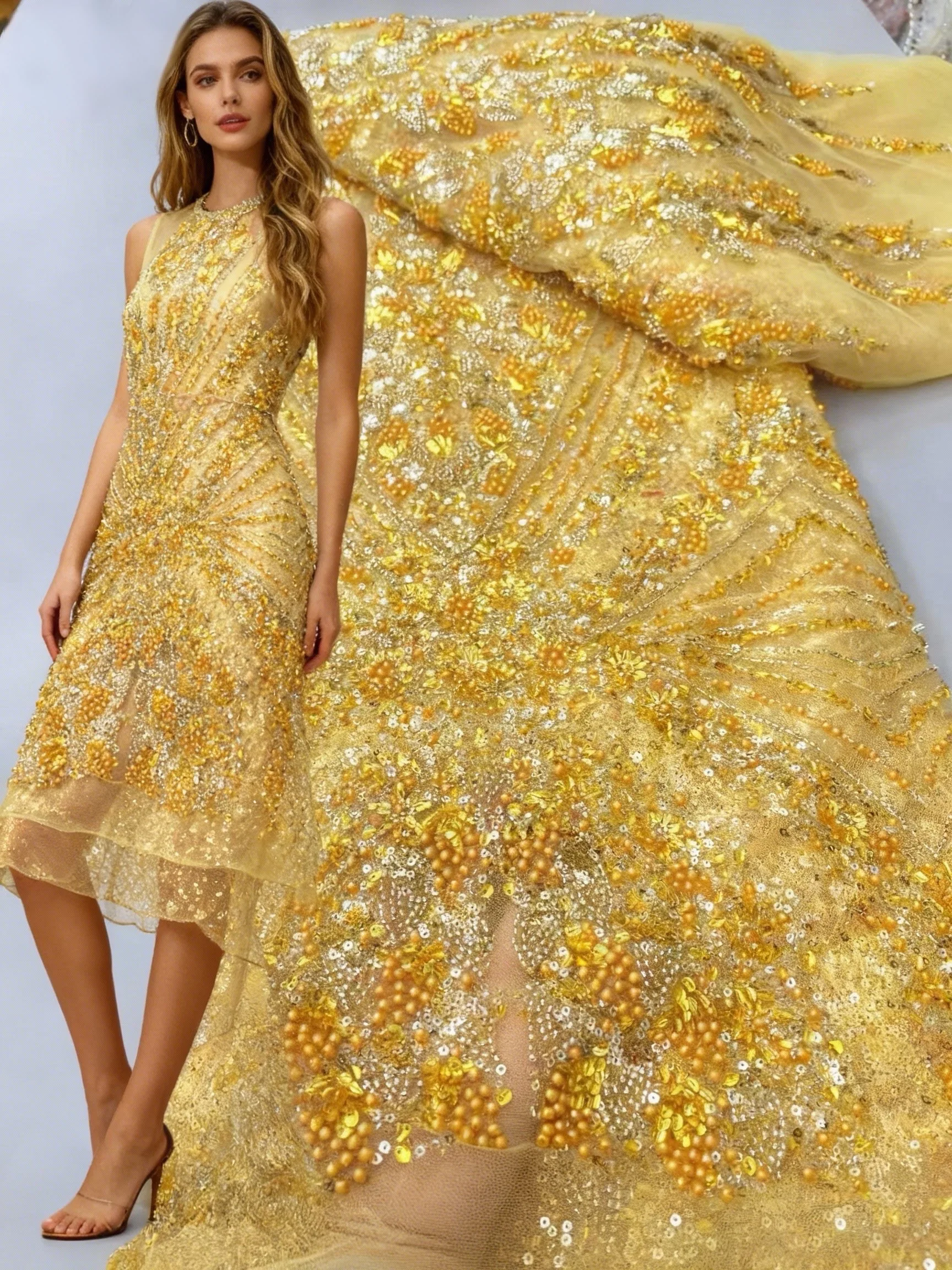 

Gold Luxury Precious French Handmade Heavy Beaded Lace Fabric 2026 High End African Nigerian Sequins Lace Wedding Party Dresses