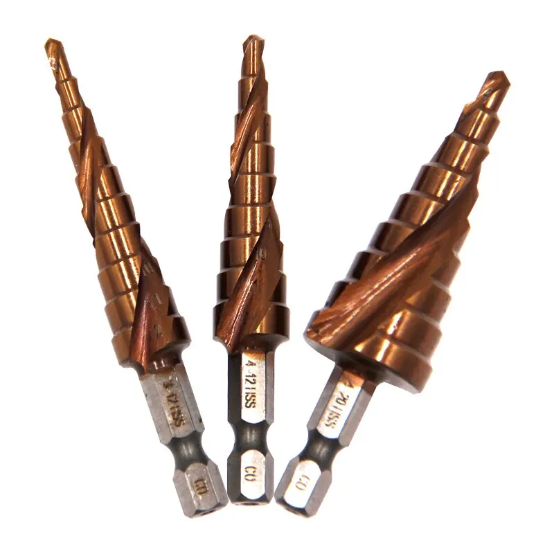 M35 Cobalt Contain Step Drill Hexagonal Spiral Stainless Steel Hole Opener Pagoda Drill Hole Drill Bit 3-12/4-12/4-20mm Cut Tool