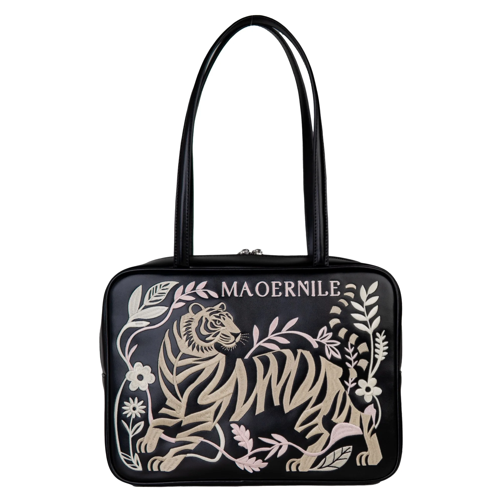 Cowhide embroidered tote bag, large-capacity tablet shoulder bag