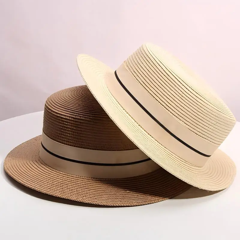 Straw hat women\'s summer flat top small top hat beach vacation hat straw woven hat sun hat