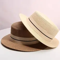 Straw hat women's summer flat top small top hat beach vacation hat straw woven hat sun hat
