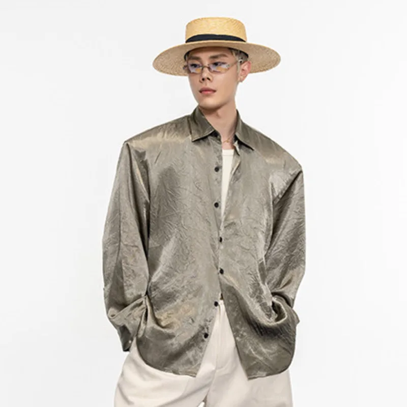 WVGA Spring New Man Satin Glossy Textured Turn-Down Collar Long Sleeve Shirt High-end Padded Shoulder Niche Chic Tops Ins W23301