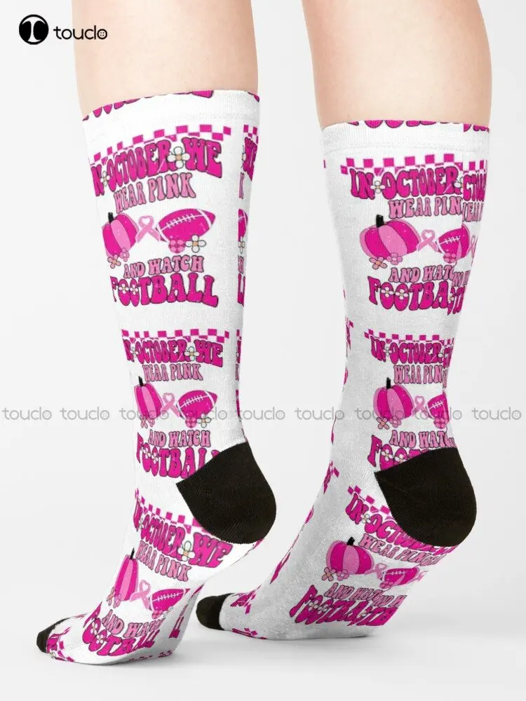 In October We Wear Pink And Watch Football Groovy Breast Cancer Awareness Socks Womens Black Fun Socks Custom Gift New Popular