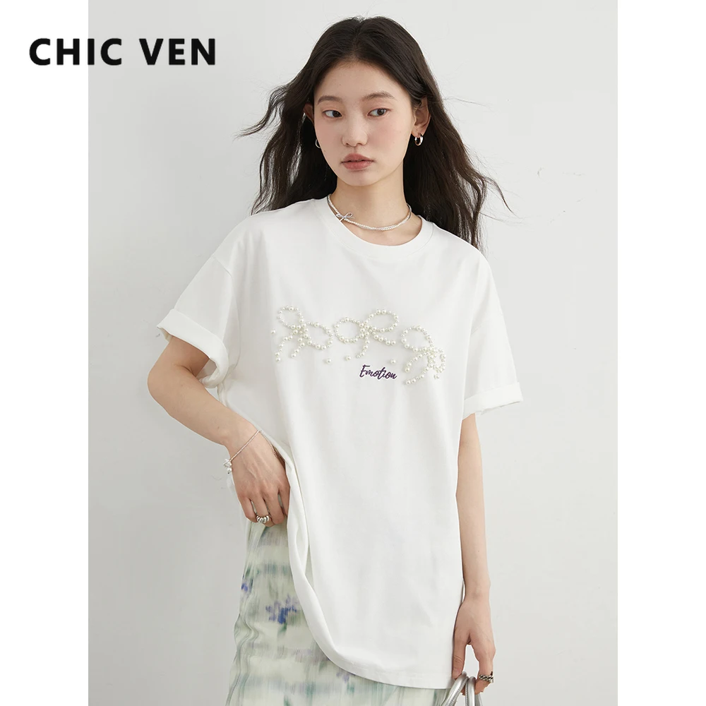 

CHIC VEN Women T-Shirts Loose Casual New Original Pearl Bow Nail Beading Short Sleeve Tees Cool Female Top Summer 2025