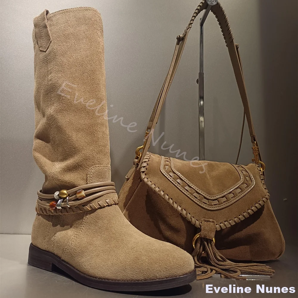 

Retro Mid Calf Western Cowboy Boots Women Round Toe Beaded Weaving Slip On Knee High Boots 2025 New Nomadic Style Winter Boots