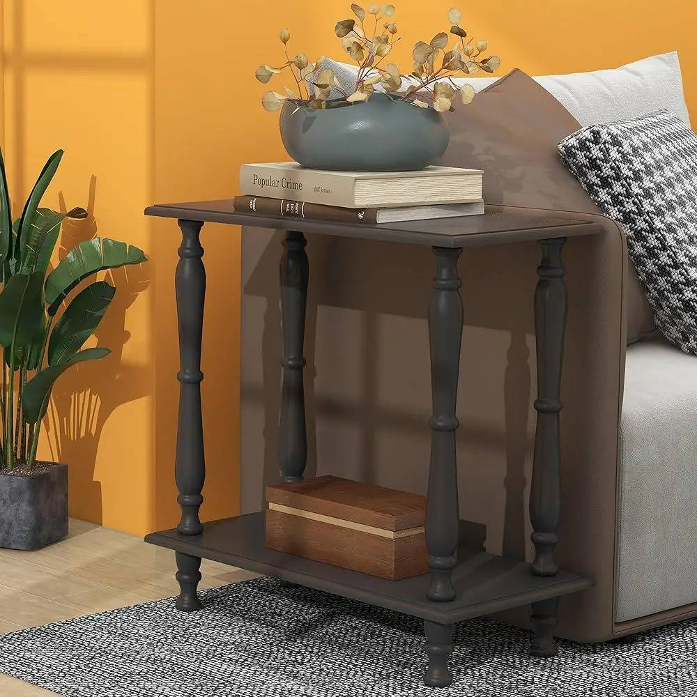 Narrow End Table Wooden Retro Side Table 2-Tier European Design Sofa Side Table Elegant Living Room Plant Stand Storage