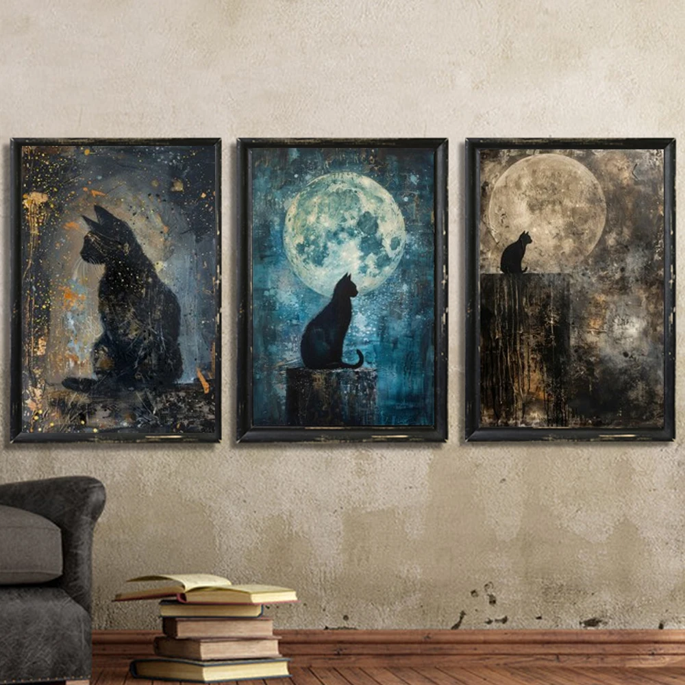 Abstract Black Cat & Full Moon Canvas Painting Wall Art Vintage Mystical Celestial Rustic Night Poster Prints Living Room Decor