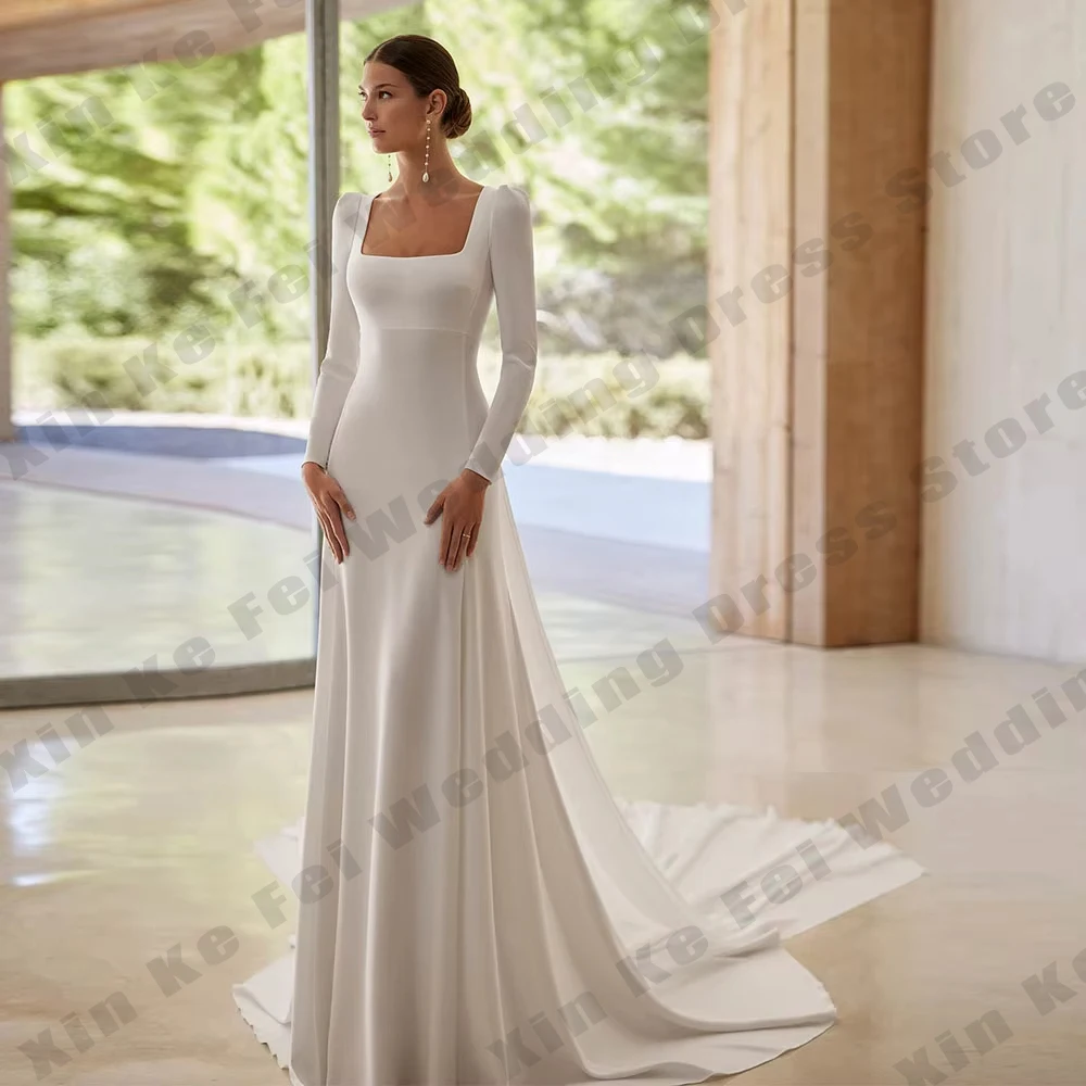 Elegant Women's Bridal Gowns Chiffon Square Neck Simple Long Sleeve Princess A-line Wedding Dresses robe de mariée Customized