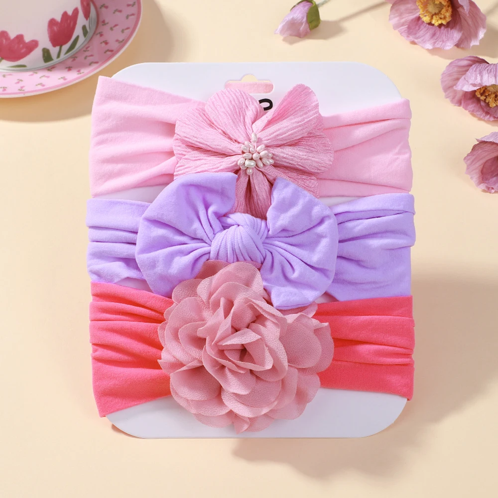 3 Teile/los Solide Nylon Baby Stirnbänder mit Spitze Blume Bogen Haarbänder für Neugeborene Donuts Nette Mode Kinder Headwraps