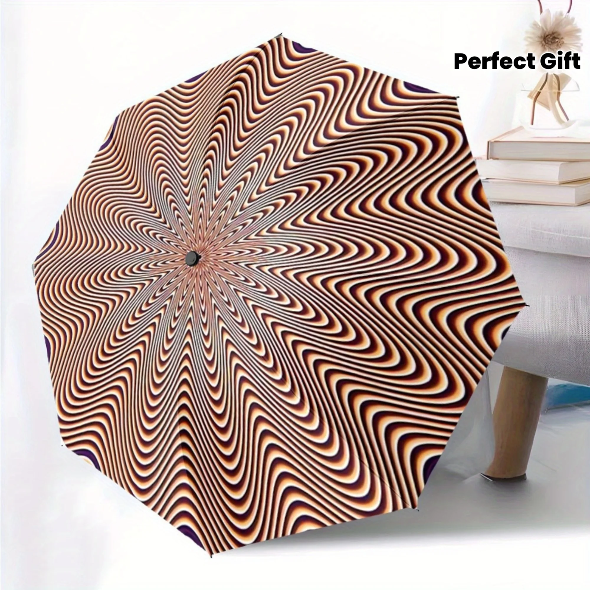 Un parapluie pliant compact doté d'un design à illusion optique fascinant qui s'ouvre vers l'extérieur. C'est un appareil pratique et portable