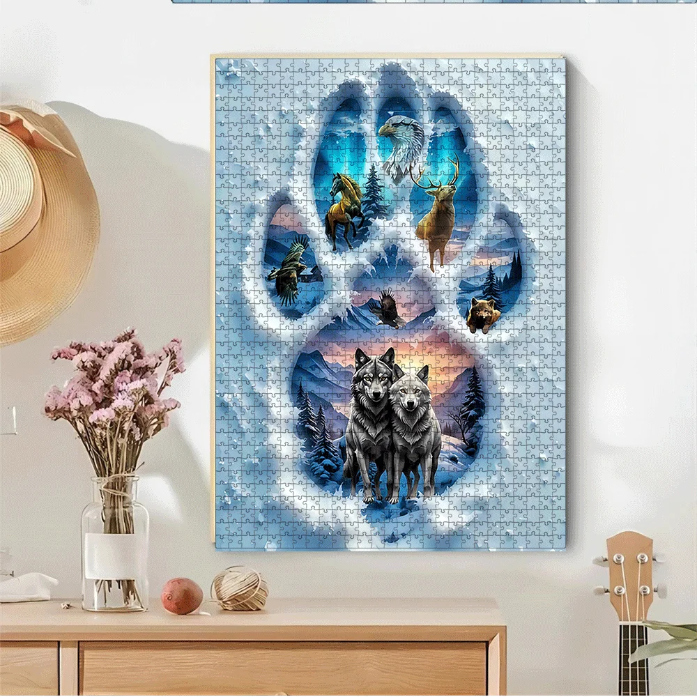 1000/500pcs Large Wolf, Eagle, Moose, Bear Paw & Forest Animal Puzzle - 3D/2D Wildlife Matching Game with Color-Coded Pieces,