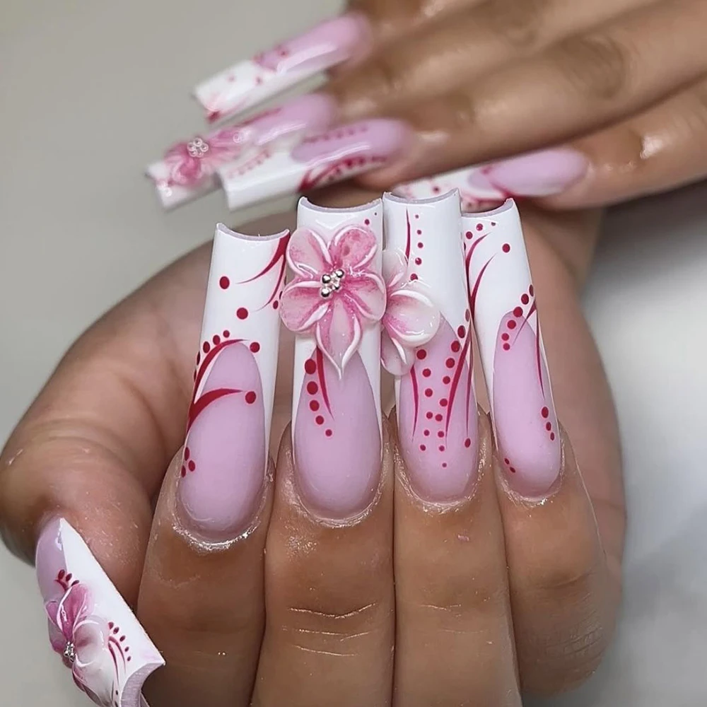 Y2K Spice Girl Style Handmade Long Coffin Stiletto Fake Nails Flowers Polka Point Eyeballs Music Note Bowknot Press On Nails