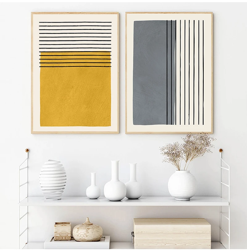 Original Minimalist Abstract Painting Posters and Prints Wall Picture Mustard & Gray Wall Art Canvas Print for Living Room Decor