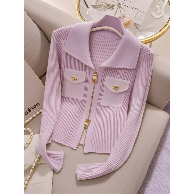 

Fashion Zipper Design French Pink Purple Knitted Cardigan for Women Autumn New Sweet Slimming Long Sleeve Sweater Women Top