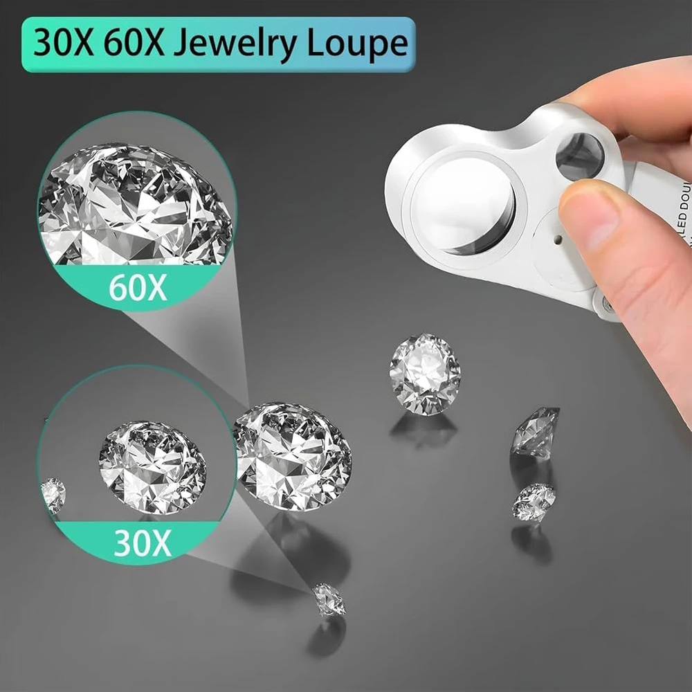 60X 30X Juwelier-Lupe mit LED-Beleuchtung Taschenlupe Faltbare Diamant-Lupe Triplet Juwelier-Augenglas Werkzeuge – Detail 3