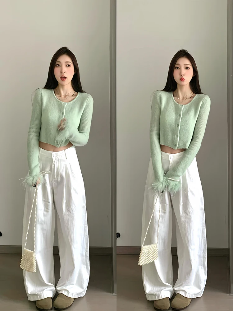 

Белые драпированные прямые джинсы с высокой талией, женские весенне-осенние новые свободные широкие брюки, брюки длиной до пола