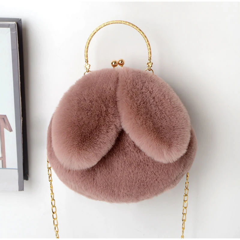 Weiche, flauschige Plüsch-Handtasche mit Henkel, niedliche Umhängetasche mit Hasenohren und Kette, warme Winter-Clutch, leichte Handytasche – Detail 20