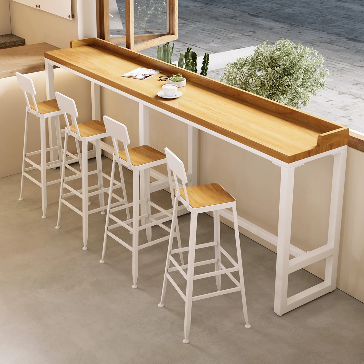 Wrought iron solid wood bar table with baffle, cafe milk tea shop bar high table and chairs, long narrow table by the window