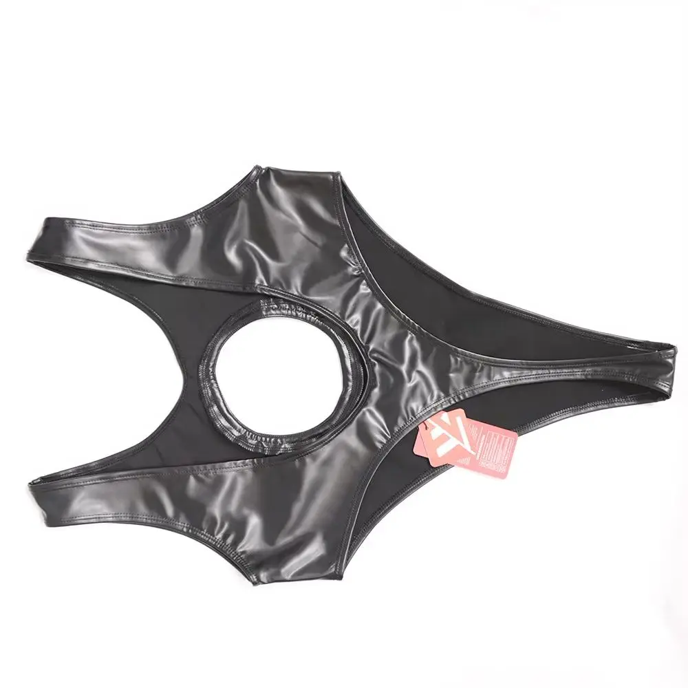 Women's Summer Chest Hollowing Swimwear Faux Leather Backless Sexy Lingerie High Split Triangle T-Crotch One-Piece Vest Swimsuit