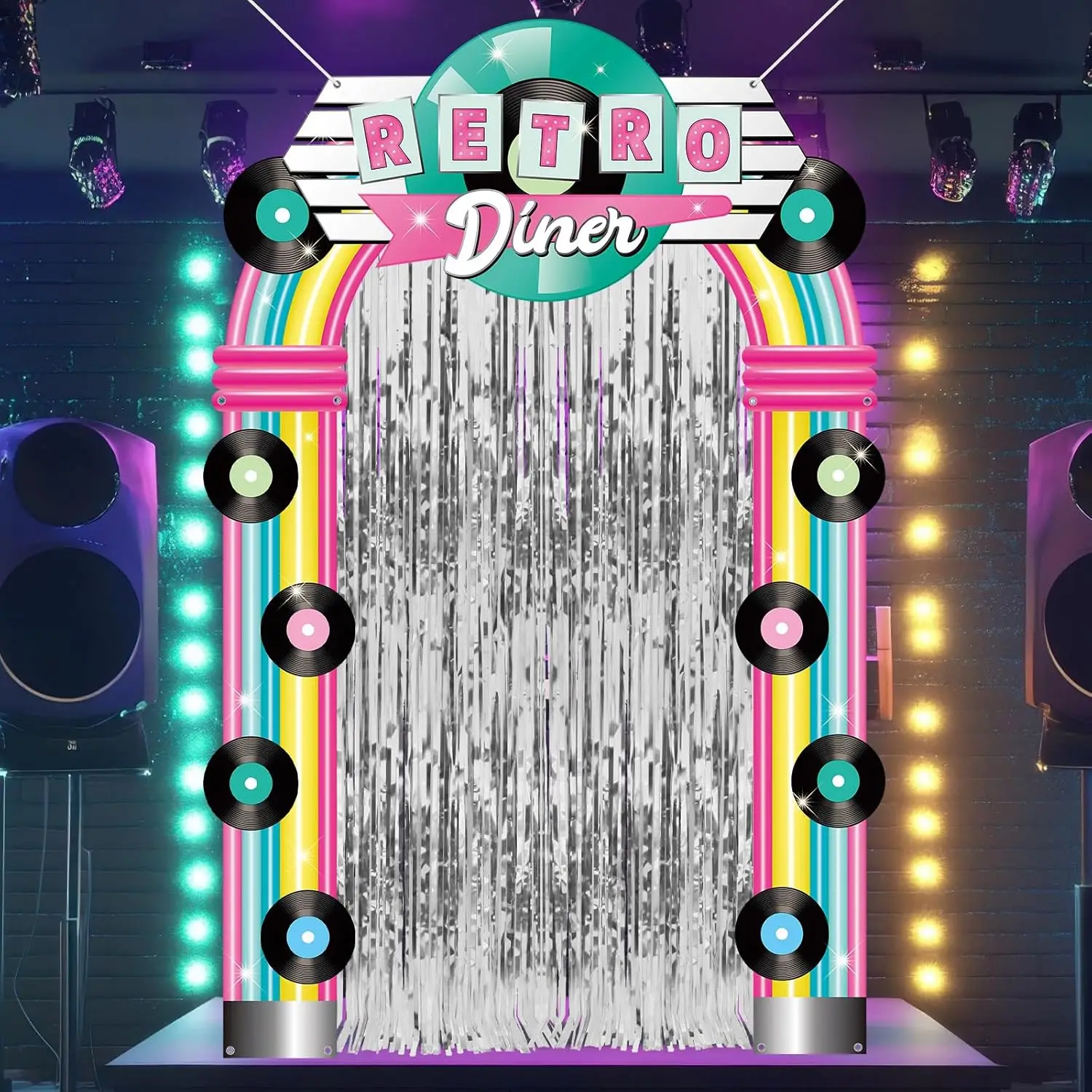 Decoraciones para fiestas de los años 50, cartel retro de los años 50 para fiestas estilo Diner, letrero para porche, fondo de regreso a los años 50, telón de fondo con flecos de lámina plateada para decoración retro