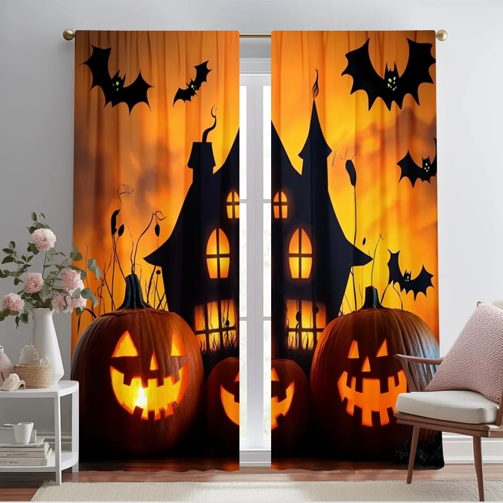 2pcs 2D flat printing Halloween Curtains Pumpkins and haunted houses Polyester Without Electricity 0 for Indoor Celebrations