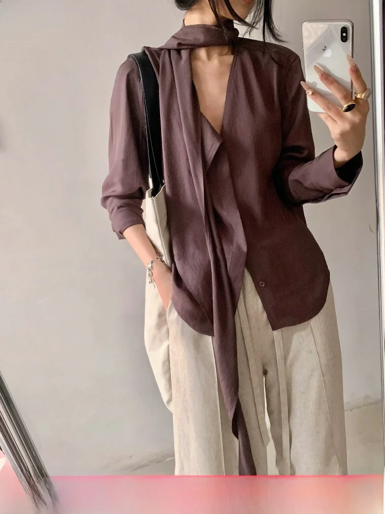 

Женская повседневная блузка свободного кроя из ацетата Winni Celh, весна-лето, с V-образным вырезом, длинным рукавом, в деловом повседневном стиле