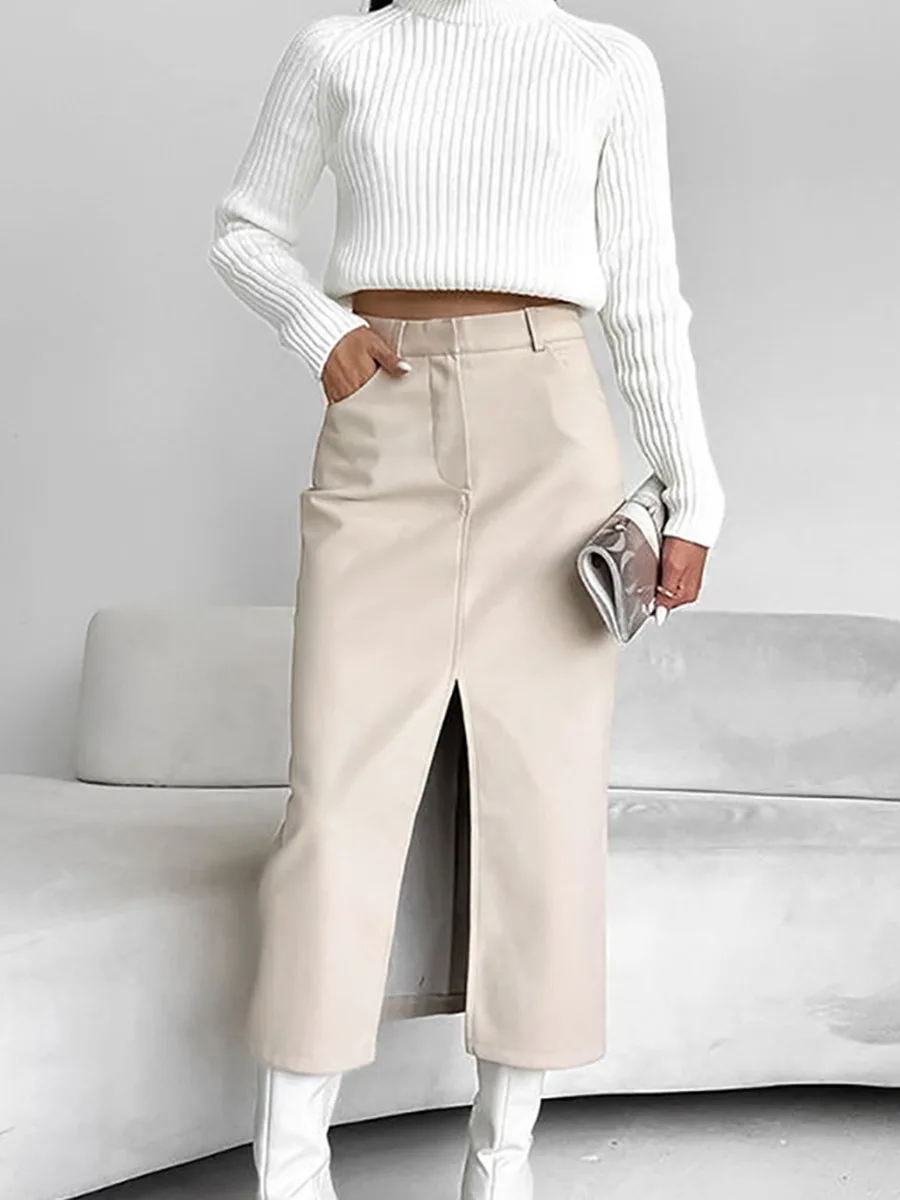 Women Faux Leather Midi Skirt High Waist Front Slit Pockets Straight Cut Warm Lined Skirt Commuter Office Wear for Autumn