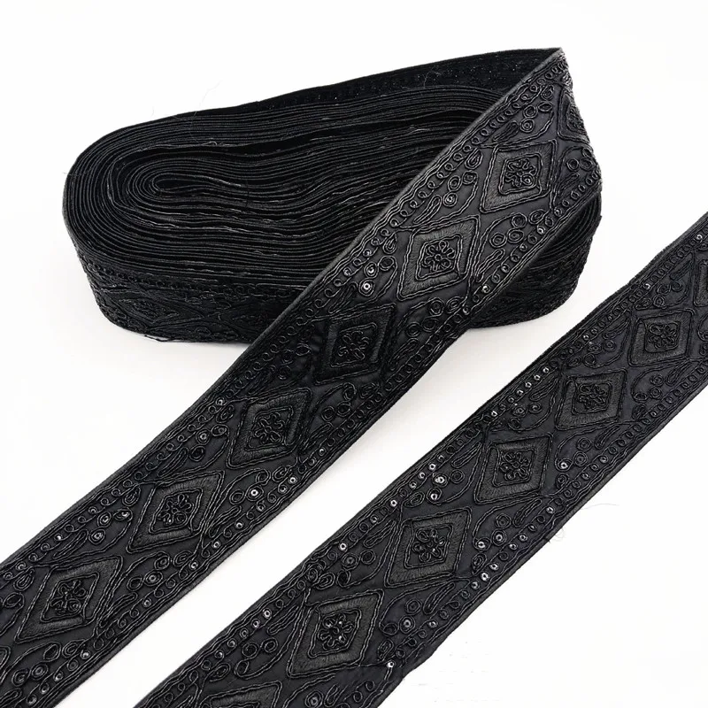 Black Lace Trim Ribbon Ethnic Clothing Embroidery Sequin Fabric Webbing Garment Accessories 1Yards