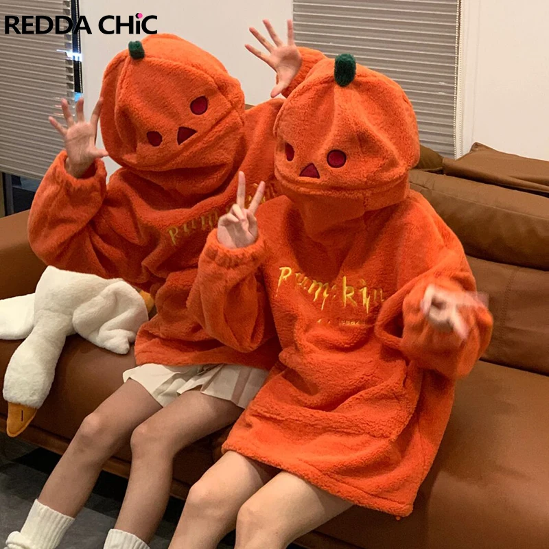 

ReddaChic Warm Fleece Pumpkin Sweatshirt Men Women Zip-up Hooded Hoodies Casual Long Sleeves Oversized Top Halloween Pullover