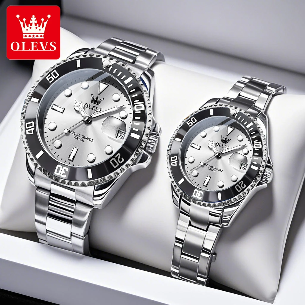 

Часы OLEVS для пар, модные оригинальные кварцевые часы из нержавеющей стали для влюбленных, подарочная коробка премиум-класса для наручных часов, водонепроницаемые