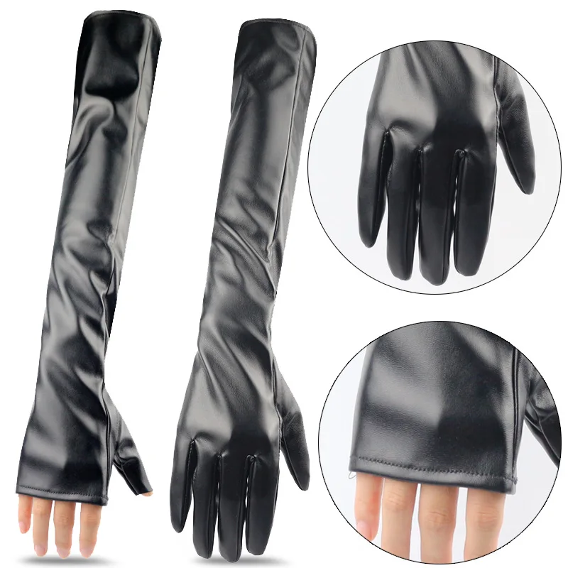 

50cm Long Touch Screen Leather Gloves for Women Sexy Black Gloves with Elbow Protection for Dance Club Cosplay Evening Party