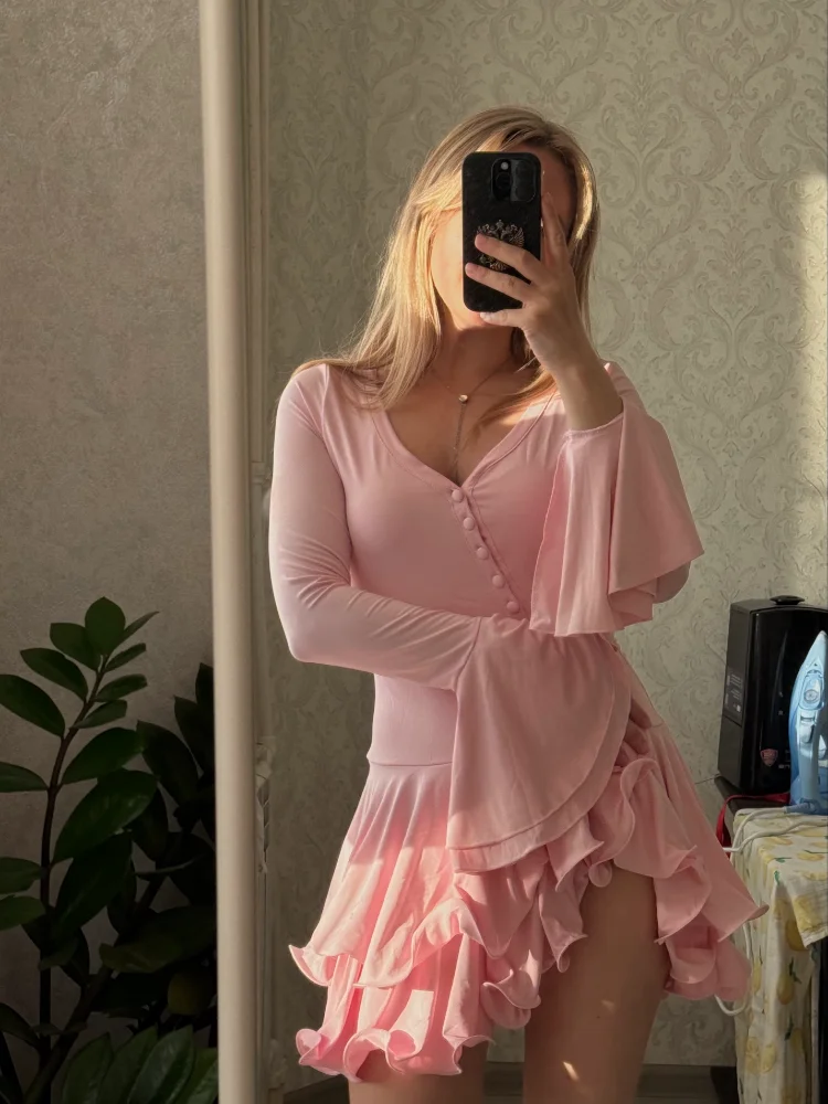 

Blifanbo Flare Sleeve Ruffle Sexy V Neck Mini Dress Women Robe Irregular Single-breasted High Waist Slim A-line Club Dress