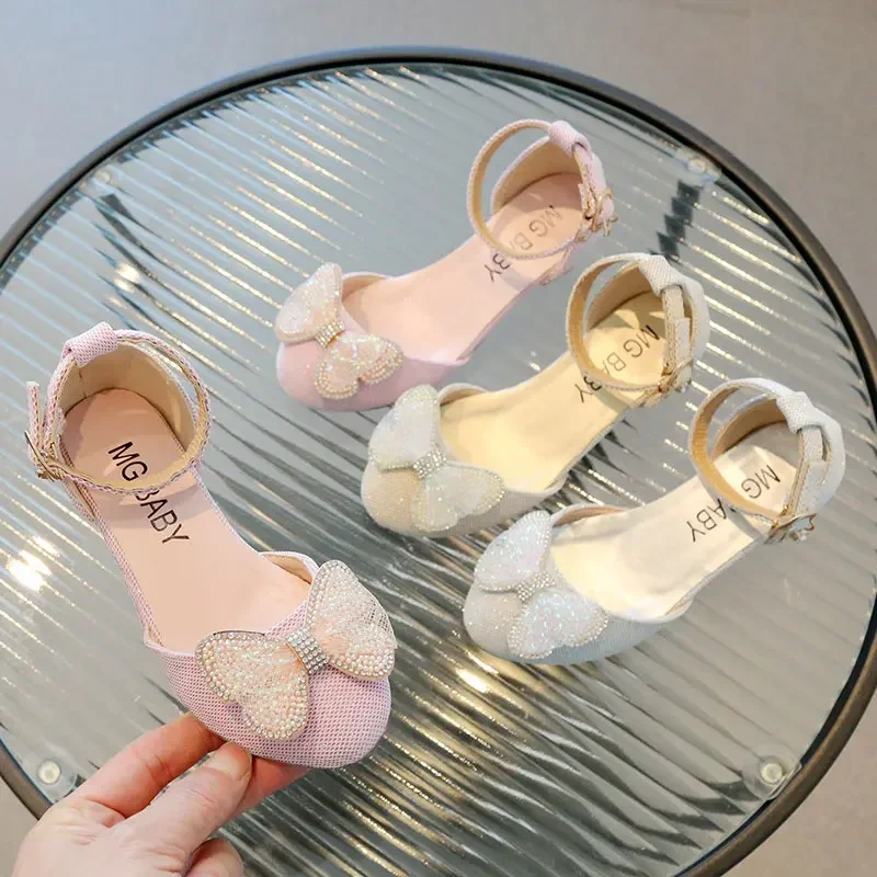 Girls Sandals Pink Heels Gold New Children's Bowknot Princess Shoes Silver Microfiber Leather Little Girl Roman Shoes Kids Shoes