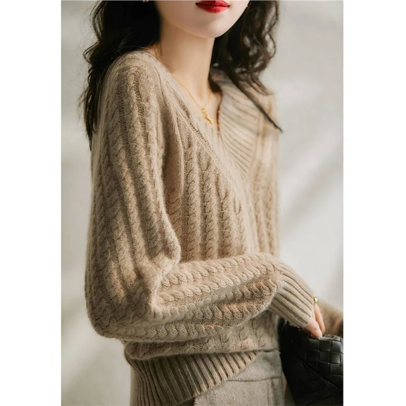 

Осенне-зимний кашемировый свитер, однотонный свитер, толстый свободный свитер с v-образным вырезом и диким ленивым ветром