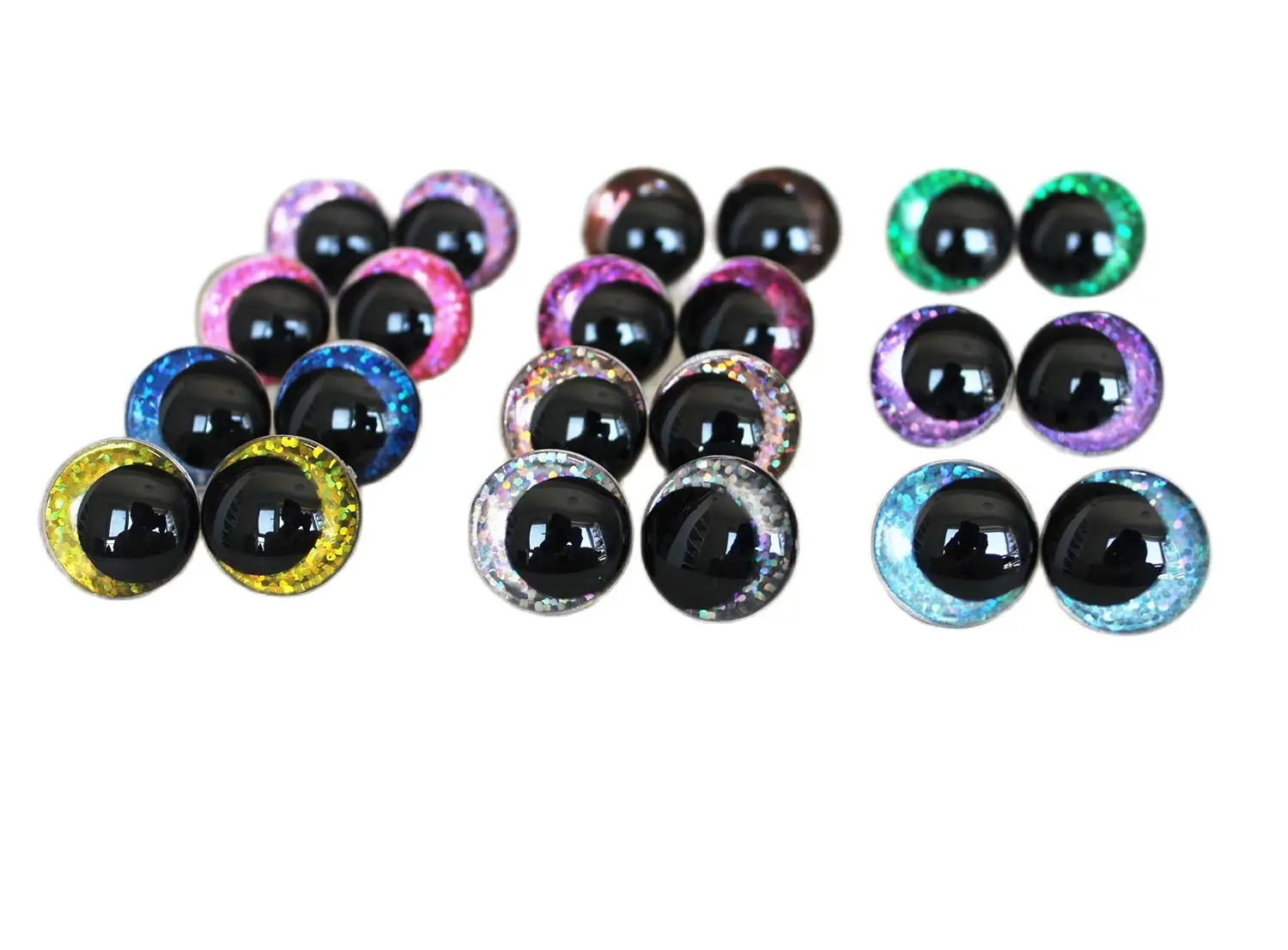 10 pares de ojos de juguete cómicos redondos con purpurina de 12mm, 20mm, 23mm y 28mm con arandela para juguete artesanal --- B11