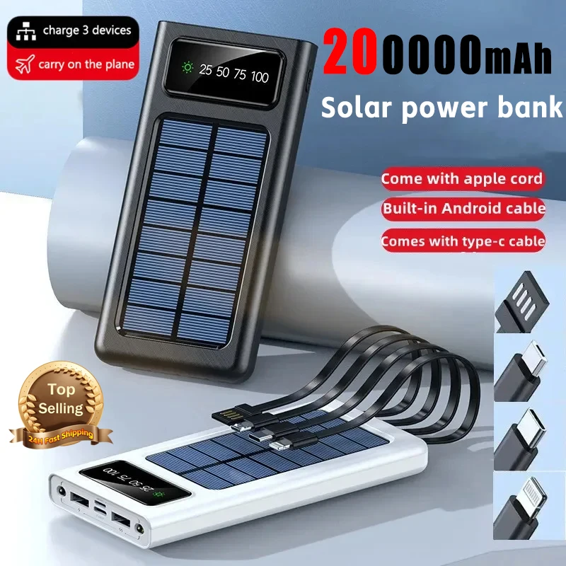 Banco de energia solar com cabos construídos, Powerbank de carregamento rápido bidirecional, bateria externa com luz LED, 200000mAh, carregador para iPhone