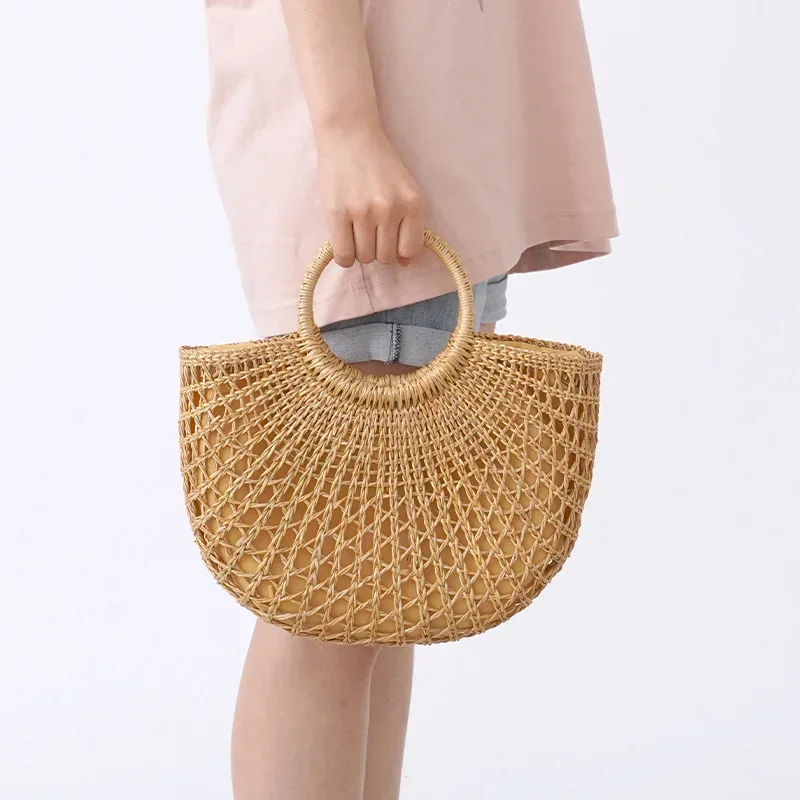 

Summer Rattan Woven Bag Large Capacity Lady Handbags Retro Semi-circle Top-Handle Casual Tote Bag Hollow Out Boho Beach Bags